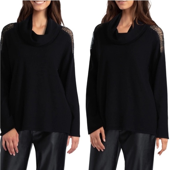 NWT H by Halston Lace Panel Black Cowl Neck  Sweater Size Medium - Picture 1 of 15